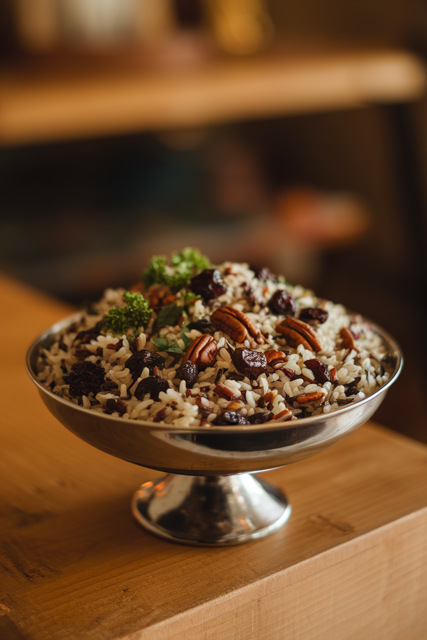 A serving bowl indoors containing wild rice dotted with dried cherries, pecans, and parsley, warm lighting. No text or logos. Photo.