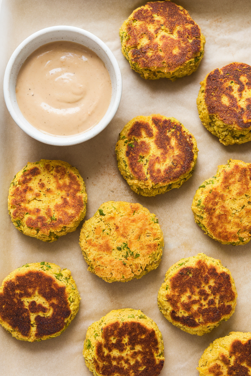 Indoor photo of golden baked falafel discs on parchment with a small bowl of tahini sauce nearby; overhead, no text or logos