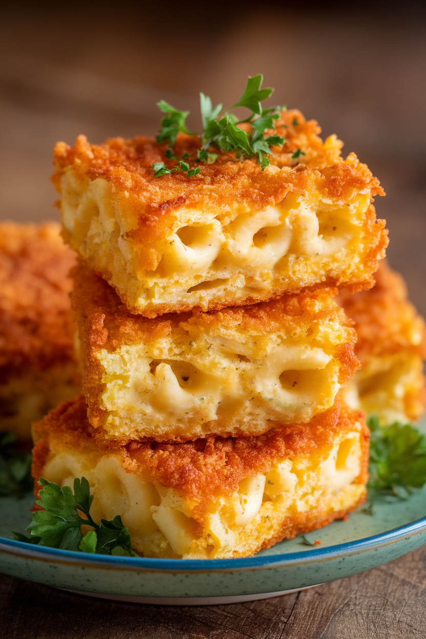 Indoor photo of crispy breaded mac-and-cheese squares stacked on a plate, cheese visible inside. No text or logos.