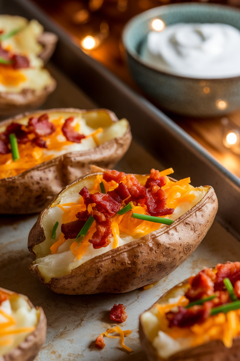 A warmly lit indoor scene showing a baking sheet lined with crispy potato skins filled with cheddar, bacon bits, and chives, sour cream in a small dish. No text or logos.