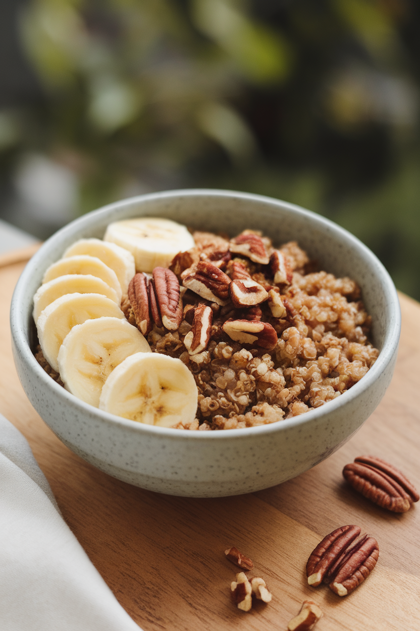 An indoor breakfast bowl of warm cinnamon quinoa topped with sliced banana and chopped pecans, no text or logos.
