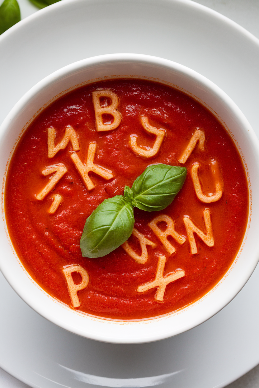 Indoor soup bowl containing smooth tomato soup with tiny alphabet pasta letters floating on top, fresh basil garnish. No text or logos.