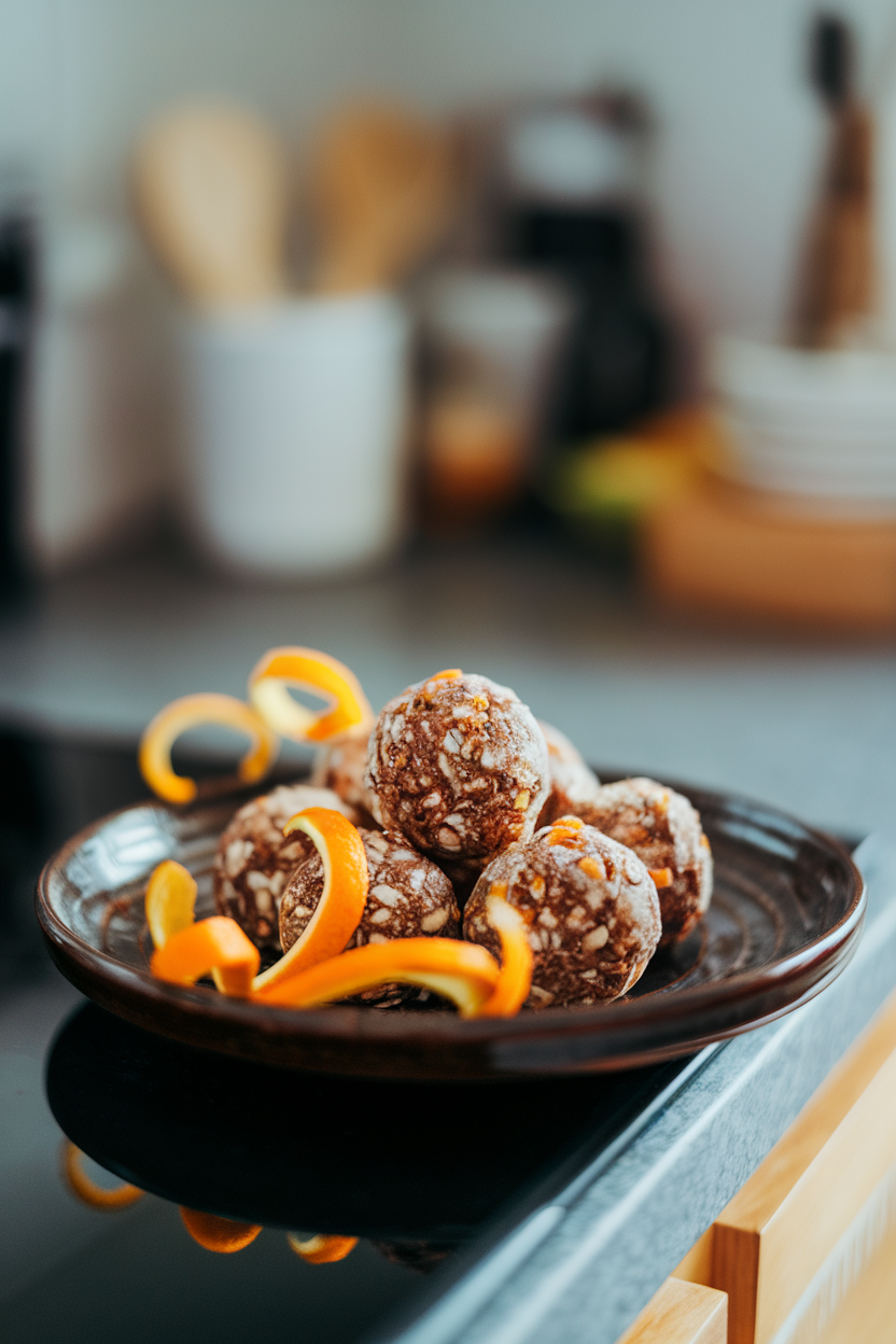 Photo of an indoor countertop with cocoa-orange energy balls on a dark ceramic plate, orange peel twists as garnish. No text or logos.