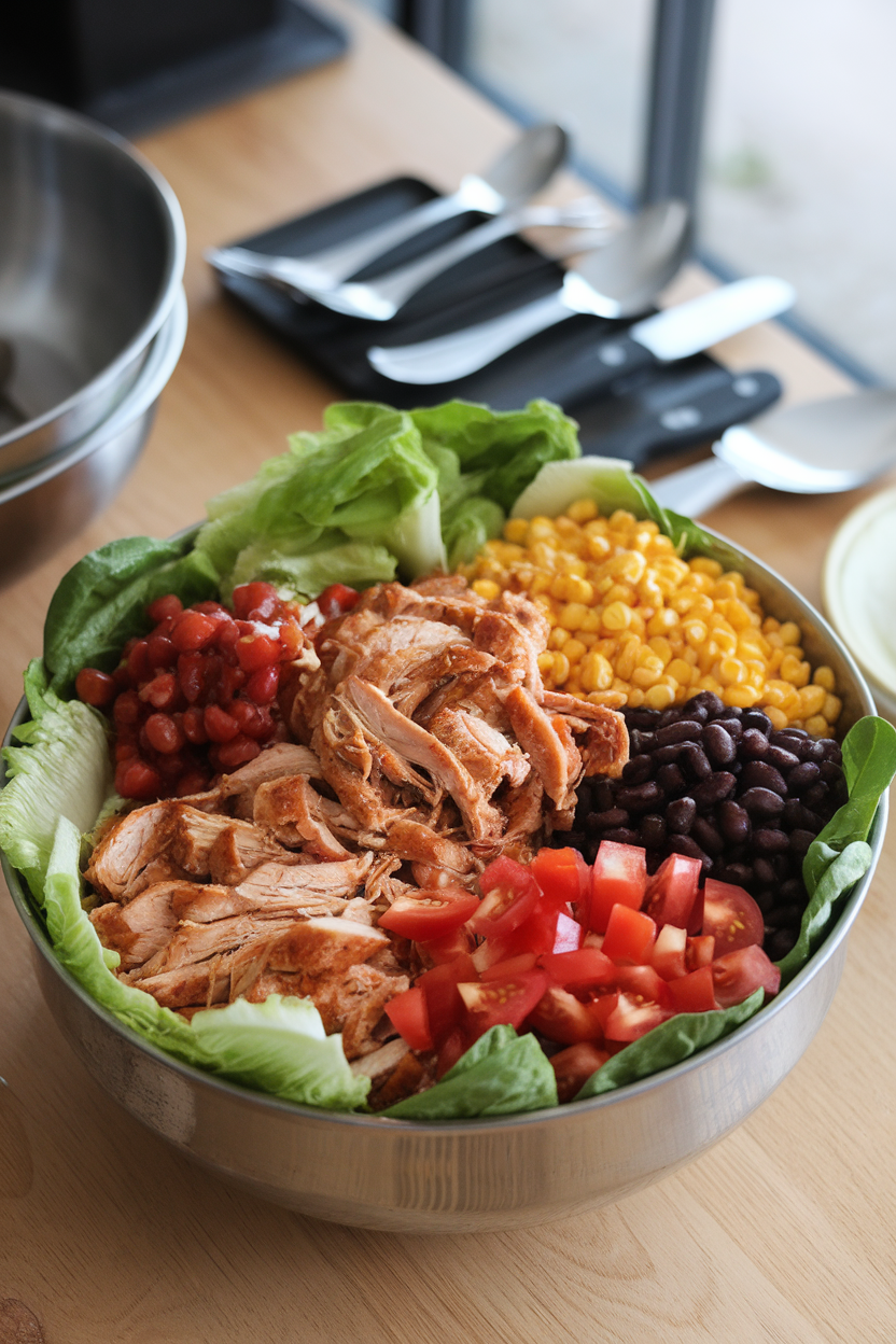 Photo of an indoor setting with a large bowl featuring chopped romaine, cooked shredded BBQ chicken, charred corn kernels, black beans, and diced tomatoes. No text or logos.
