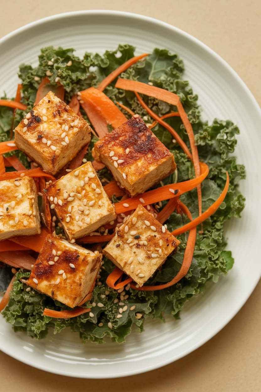 Indoor photo of crispy baked tofu cubes on shredded kale with carrot ribbons and sesame seeds, lightly coated in sesame-ginger dressing. Overhead lighting, no text or logos.