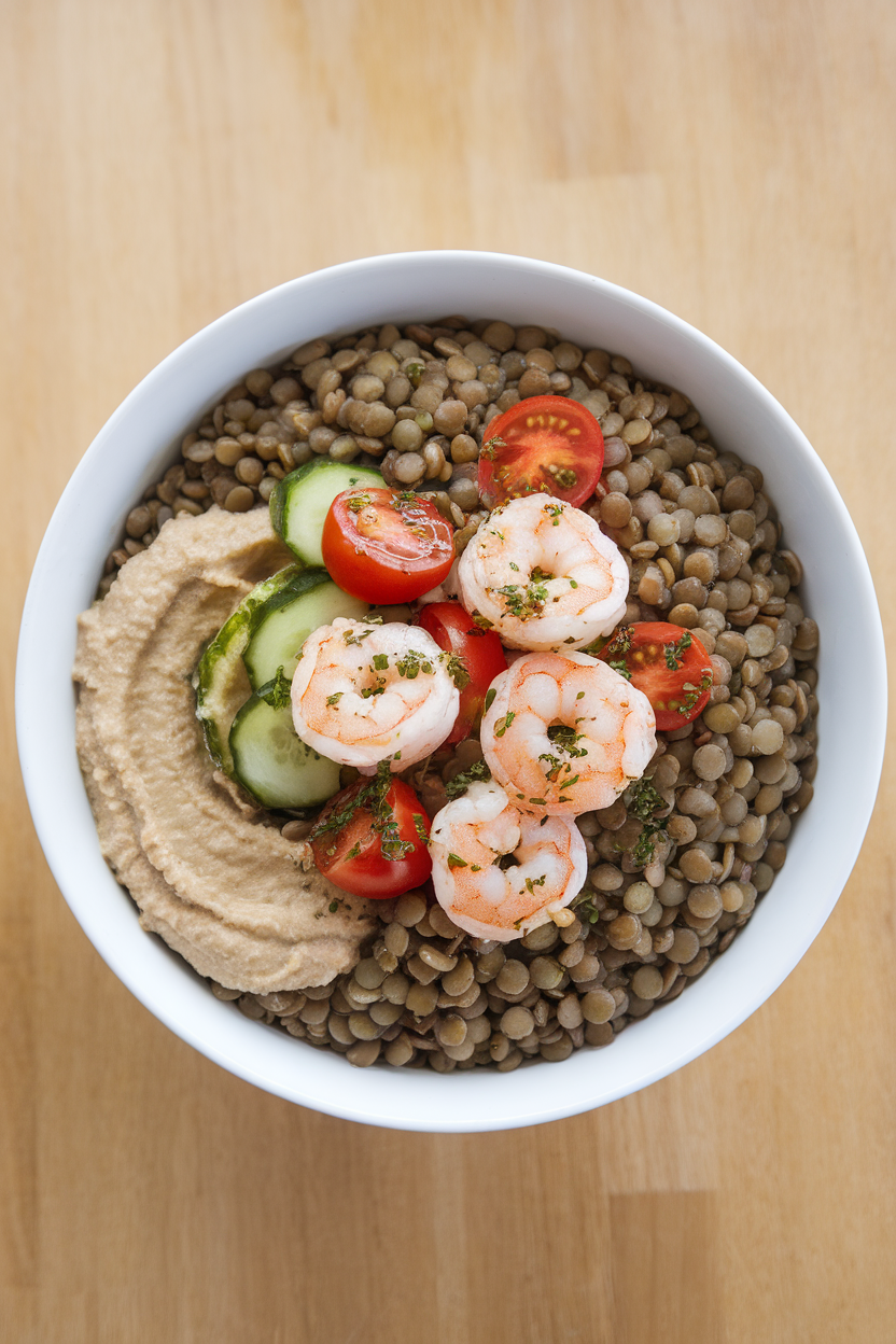 Indoor bowl photo of cooked green lentils topped with oregano shrimp, cherry tomatoes, cucumber, and a dollop of hummus; overhead light, no text or logos.