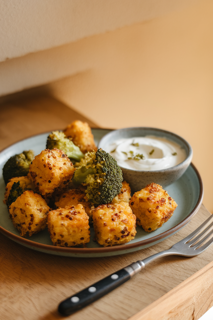 A plate of golden baked broccoli-quinoa tots with yogurt dip, indoors. No text or logos.