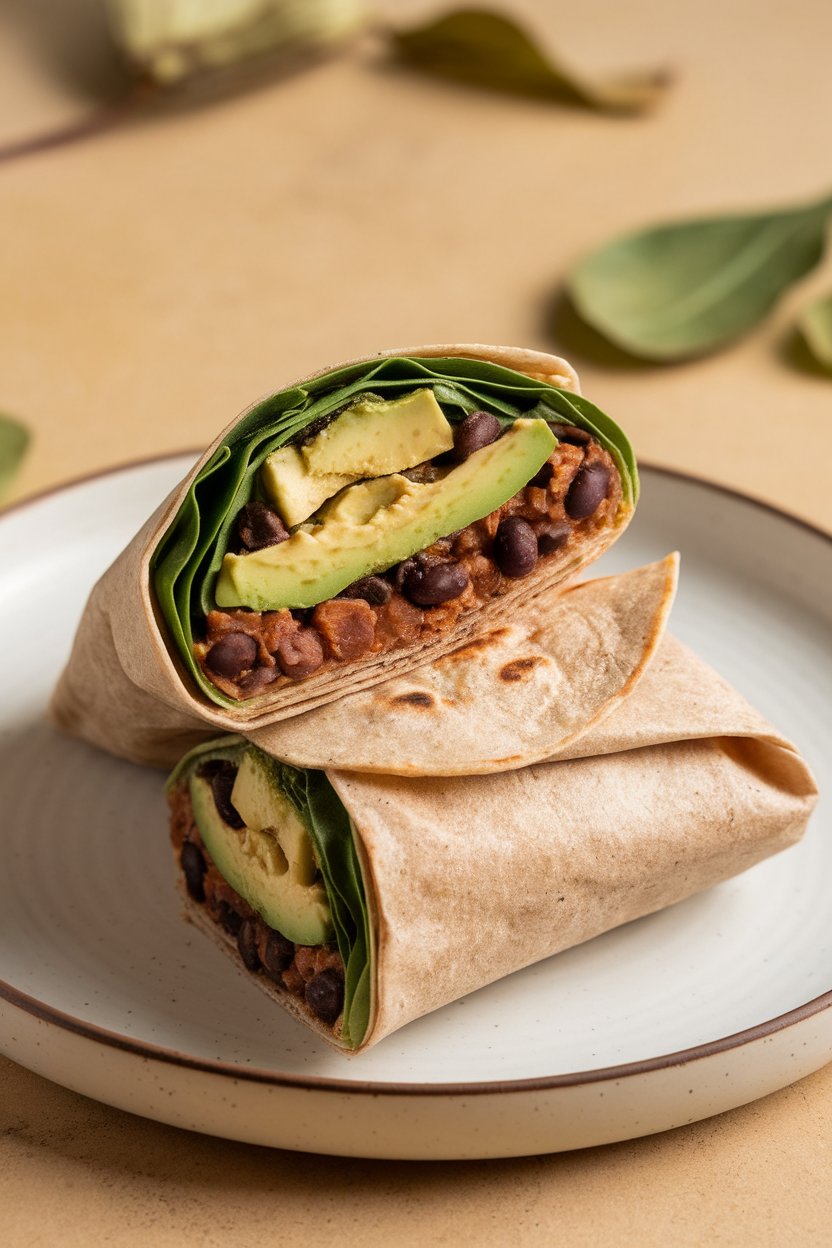 A neatly wrapped whole-wheat tortilla cut in half to reveal spinach, avocado, and black beans; indoor setting, no text or logos.