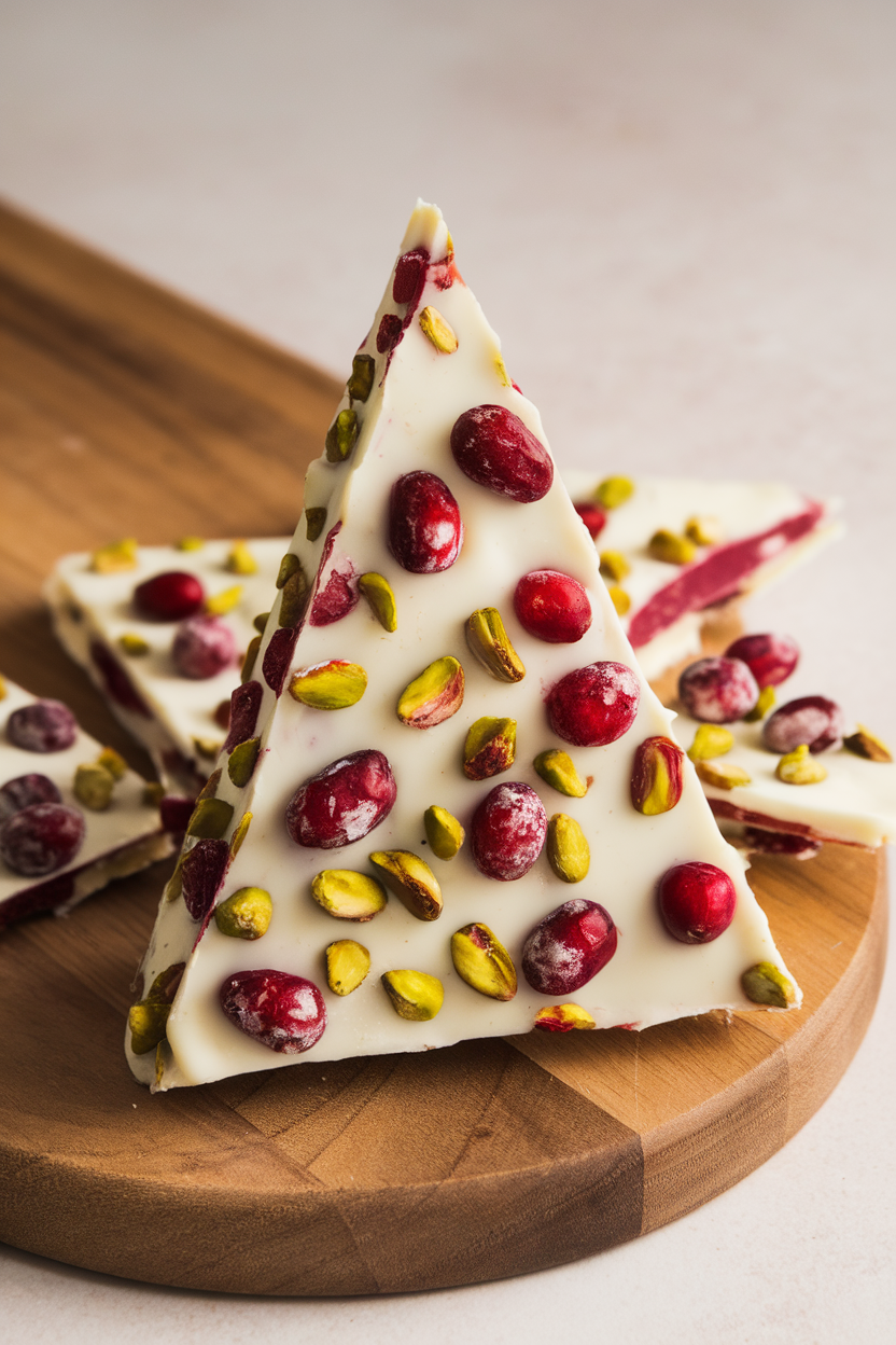 Indoor image of triangular white-chocolate bark with cranberries and pistachios standing upright on a board, no text or logos