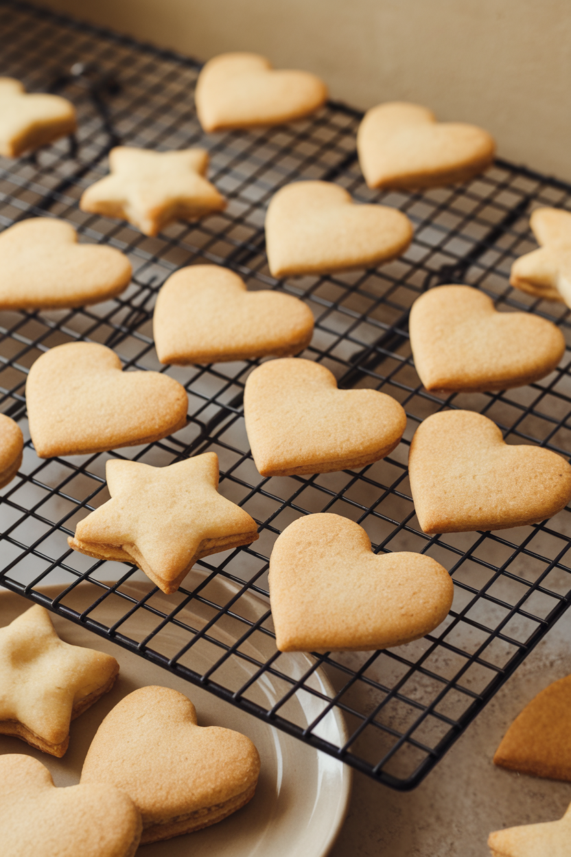 Photo prompt: Simple almond-flour cut-out cookies on a cooling rack indoors, no text or logos.