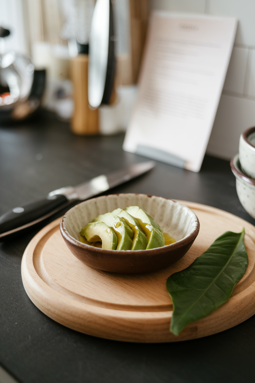 A small ceramic dish of sliced avocado drizzled with olive oil on a kitchen counter, indoors. No text or logos. Photo, not illustration.