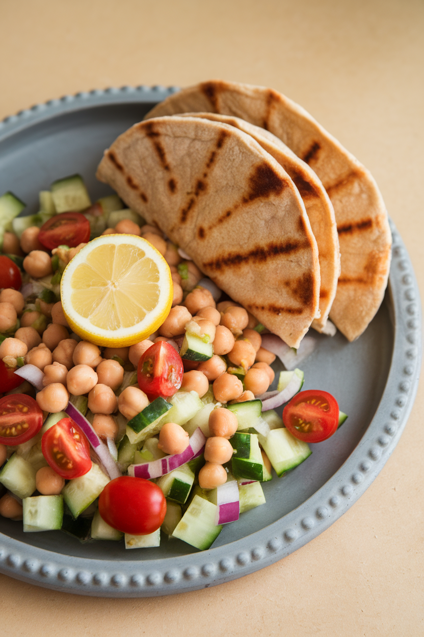 Indoor serving platter with a chickpea-cucumber salad next to halved whole-wheat pitas. No text or logos present.