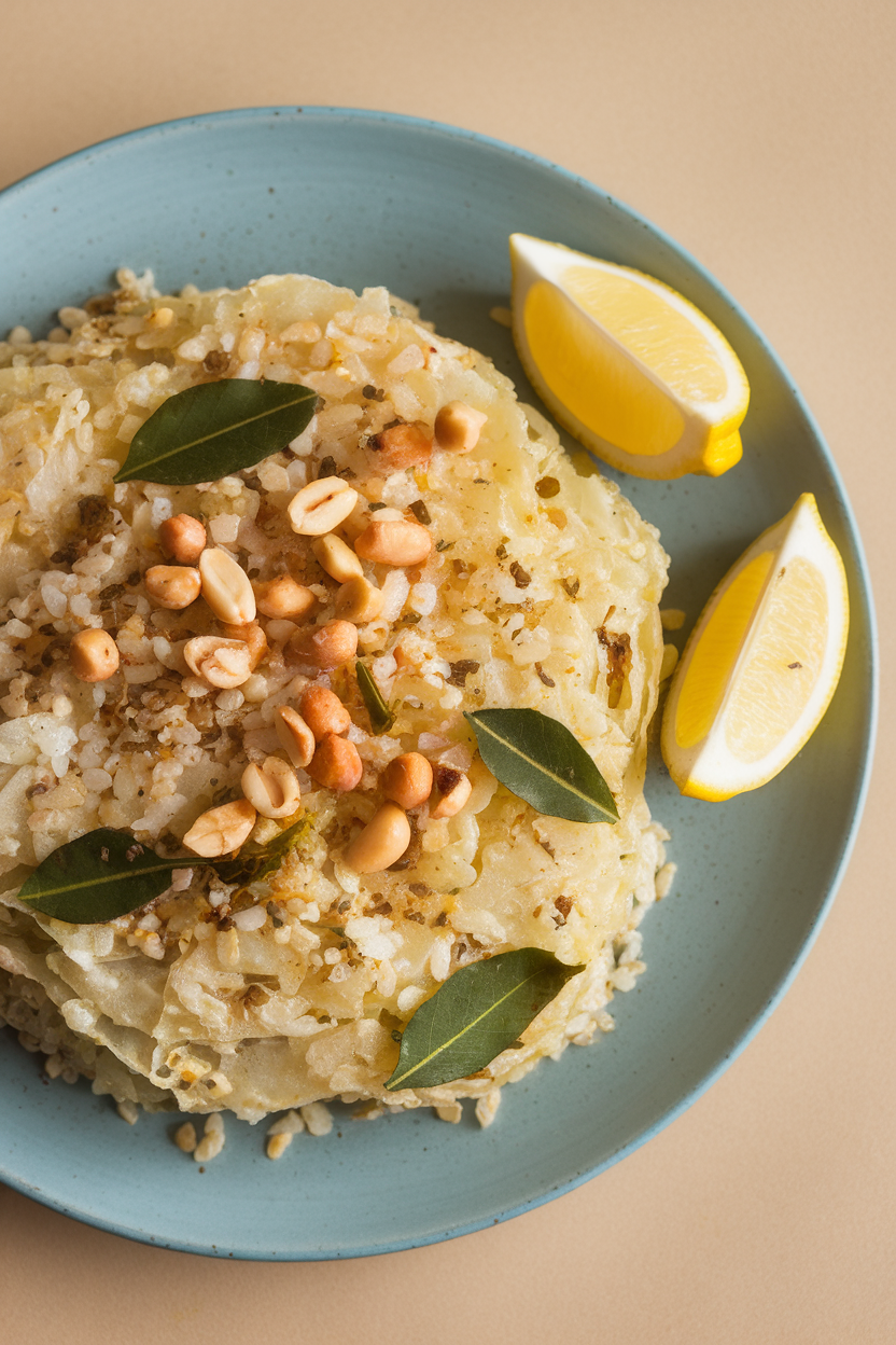 Photo prompt: An indoor breakfast plate of flattened-rice poha sprinkled with peanuts, curry leaves, and lemon wedges. No text or logos present.