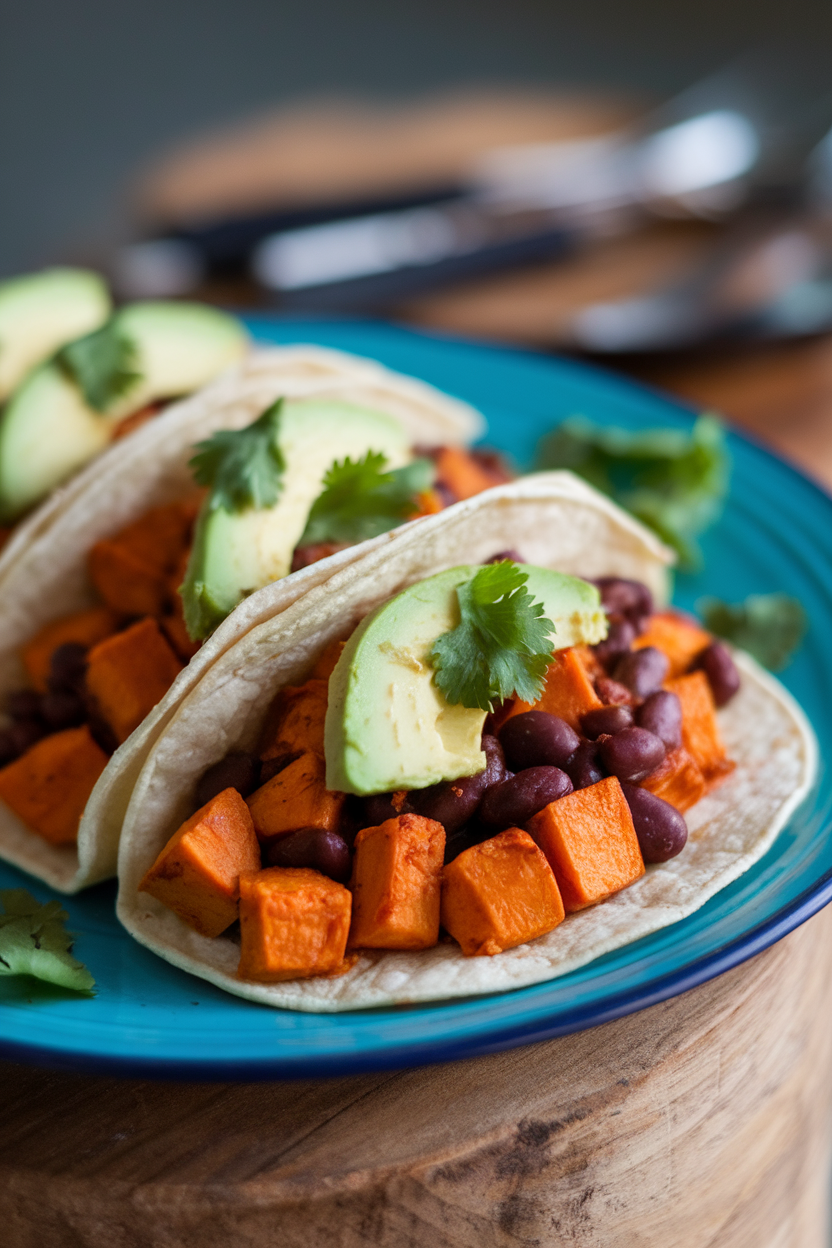 Indoor plate featuring corn tortillas filled with roasted sweet potato cubes and black beans, garnished with avocado and cilantro, close-up. No text or logos.