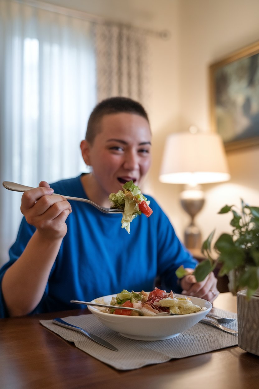 Photo of a person holding a fork with a bite of salad paused midway to their mouth at an indoor dining table, background softly blurred. No text or logos.