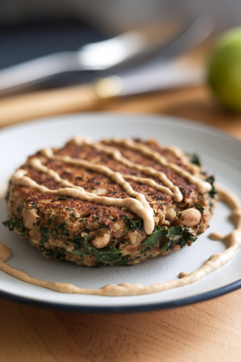 Photo of a white bean and kale patty served on a plate with a drizzle of tahini sauce indoors; no text or logos; photo, not illustration
