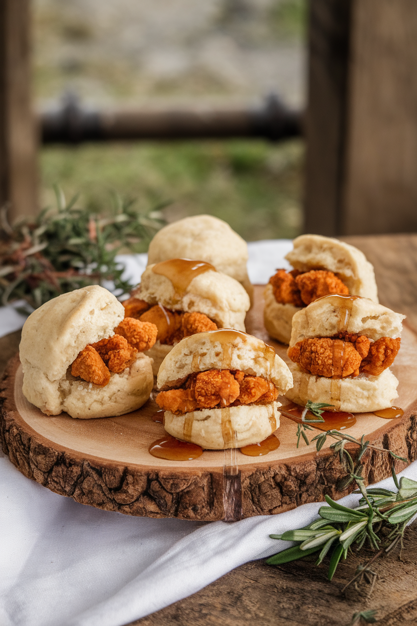 An indoor serving board with mini buttermilk biscuits split and filled with crispy chicken pieces and honey drizzle, no text or logos.