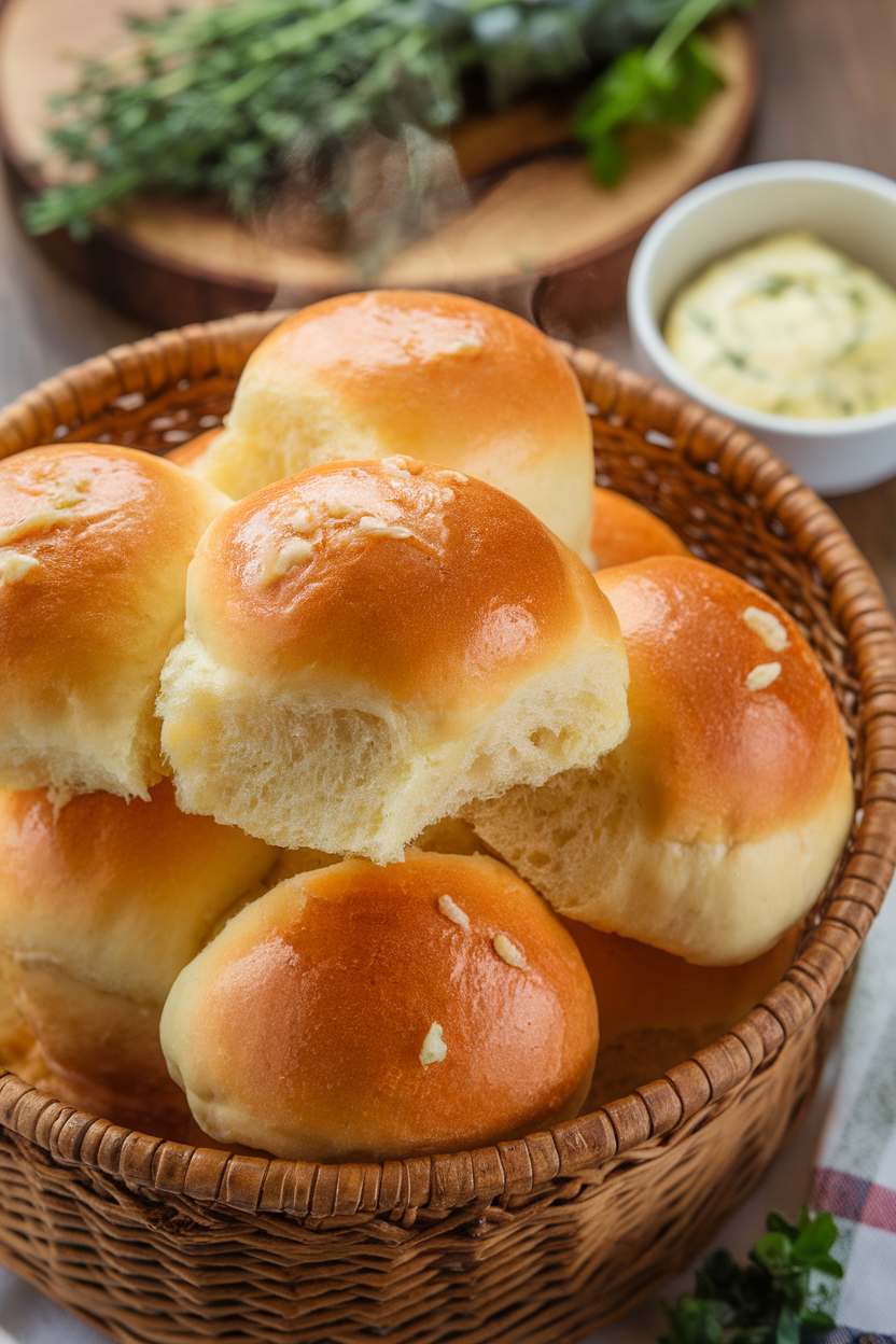 An indoor bread basket filled with soft dinner rolls brushed in garlic butter, photo, no text or logos.
