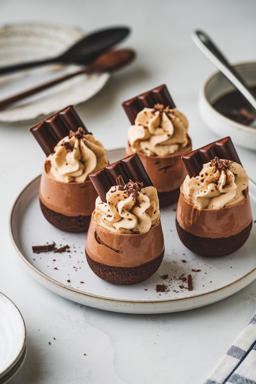 Indoor shot of elegant chocolate mousse cups topped with espresso whipped cream and chocolate shavings, no text or logos.