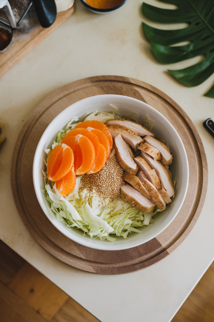 Indoor kitchen counter featuring a bowl of shredded Napa cabbage, chicken strips, mandarin slices, and sesame seeds — photo, no logos