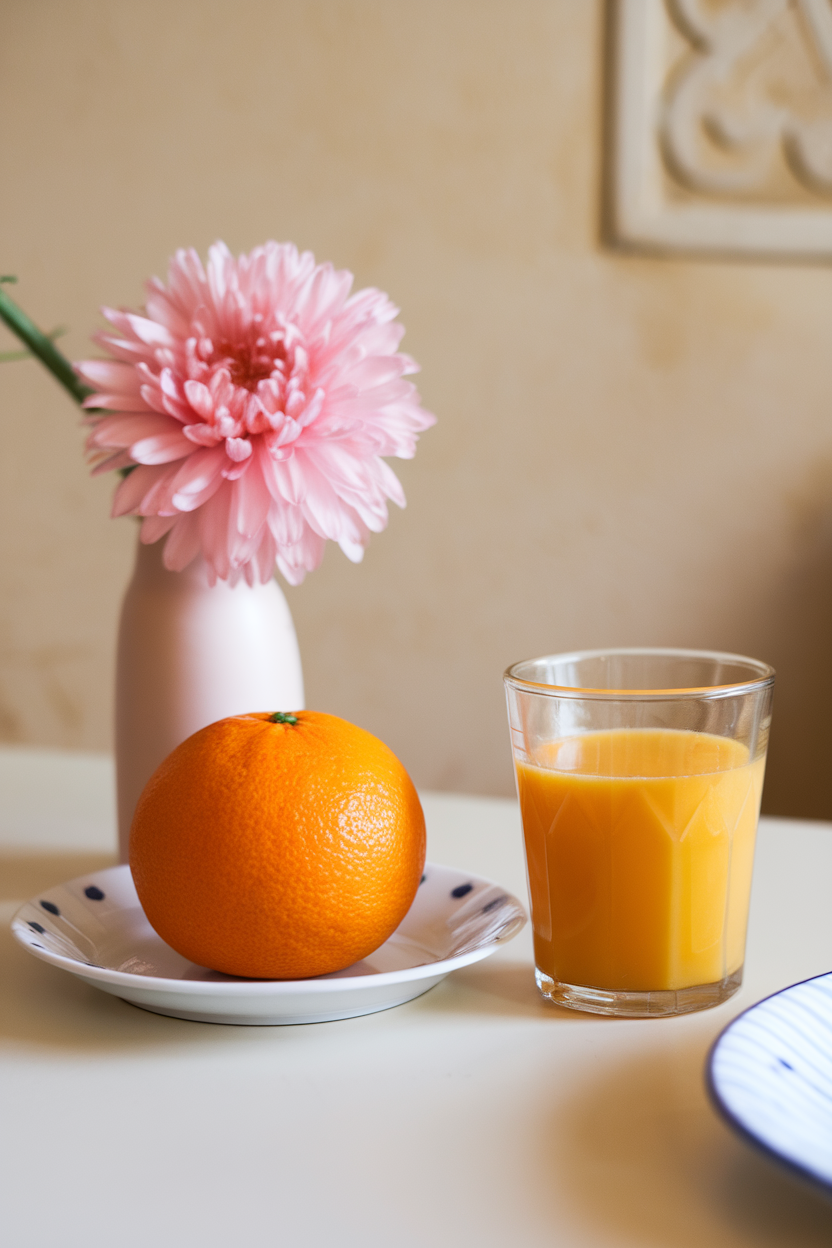 An indoor breakfast scene with a whole orange next to a small glass of orange juice—photo, no logos.