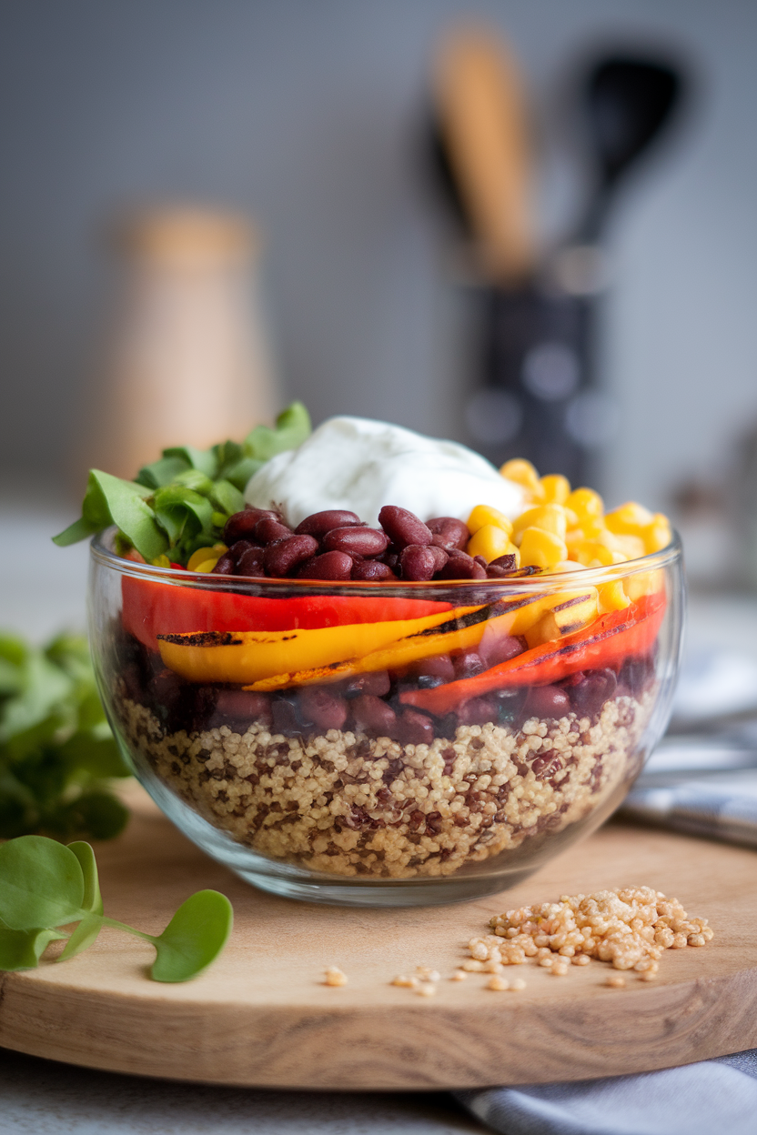 Photo of an indoor bowl layered with quinoa, black beans, grilled bell peppers, corn, and a dollop of Greek yogurt, no logos present.