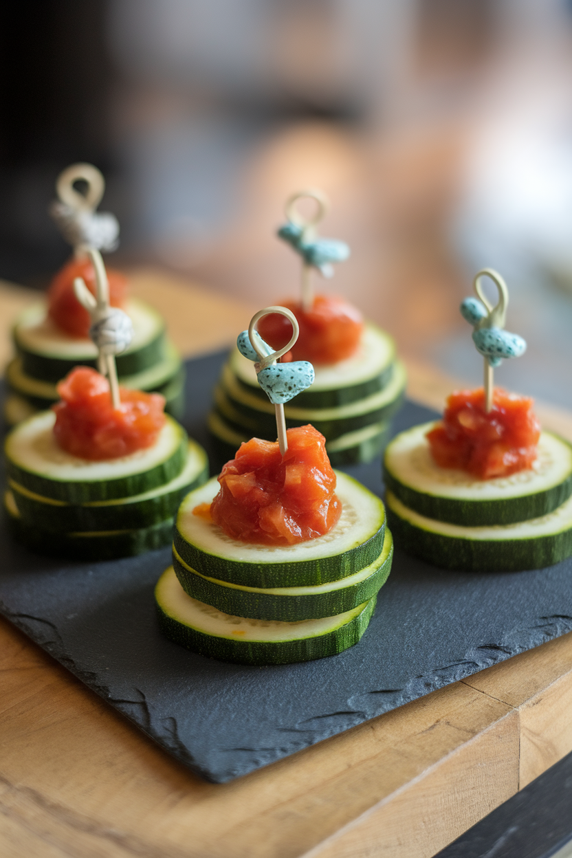 Indoor photo of zucchini rounds stacked with a dab of tomato relish and clipped together with decorative picks, arranged on a square slate plate. No branding or text.