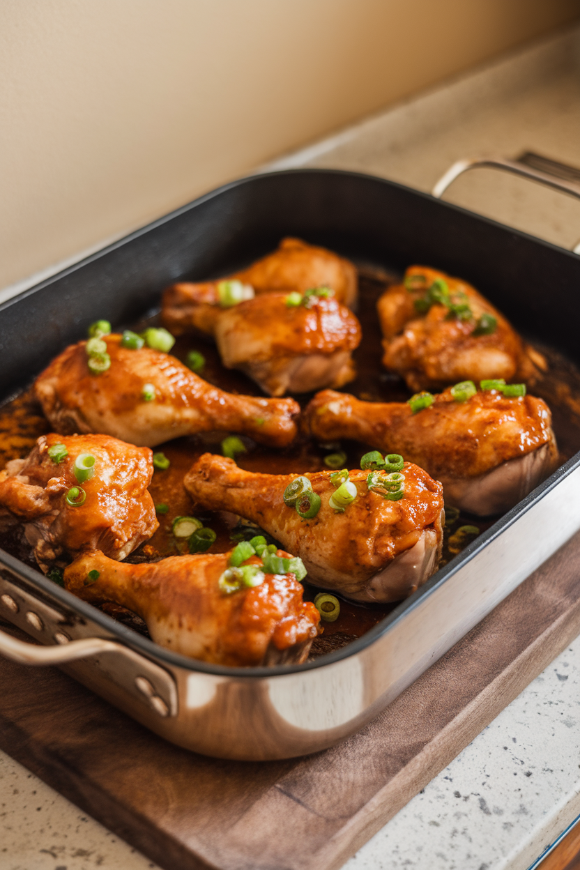 Photo of a roasting pan on an indoor countertop filled with cooked chicken drumsticks glazed with ginger-garlic sauce, sprinkled with green onions. No logos or text.
