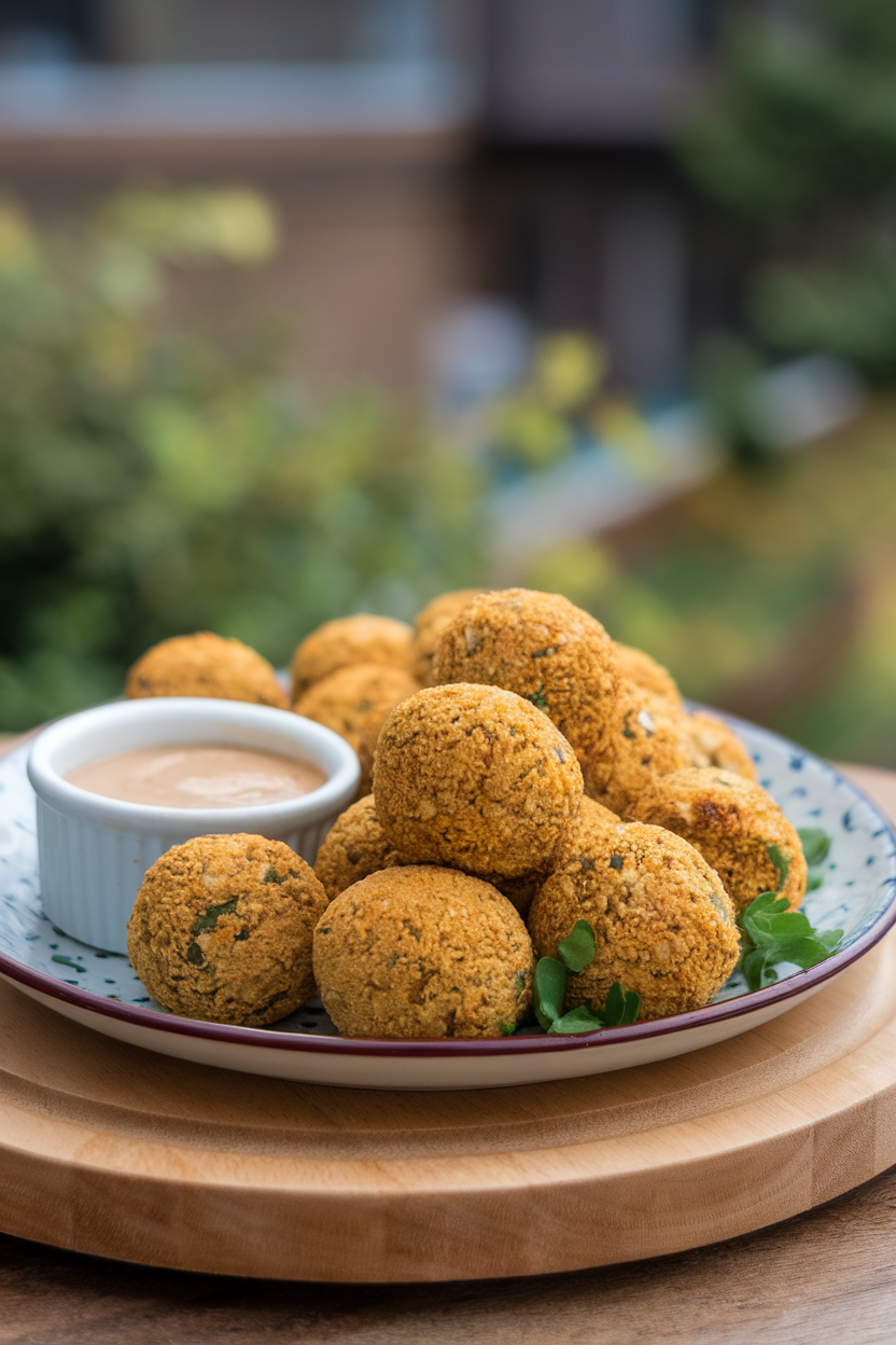 An indoor plate lined with golden baked falafel balls beside a small ramekin of tahini sauce—photo, no text or logos.
