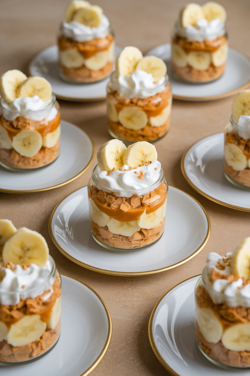 Indoor arrangement of small jars layered with crushed biscuits, dulce de leche, banana slices, and whipped cream; no logos. Photo, not illustration.