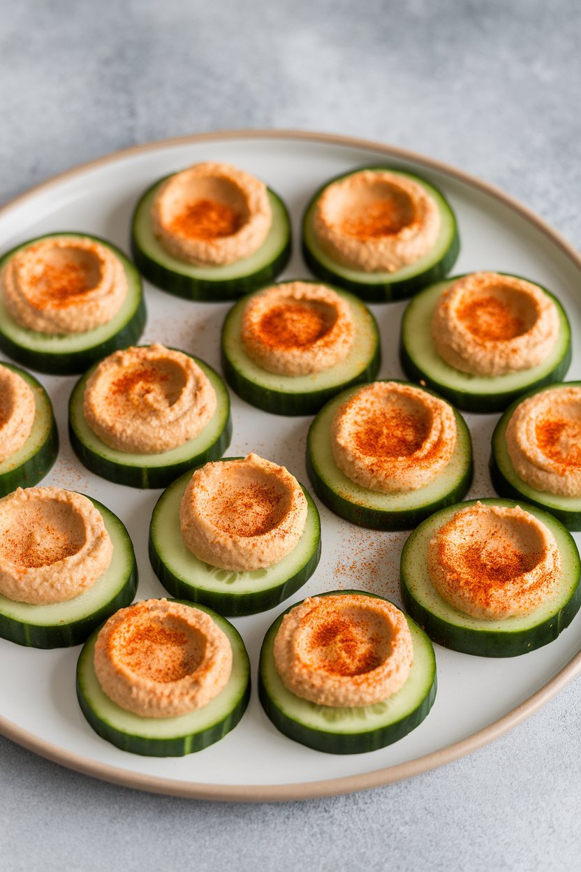 Indoor plate of cucumber rounds topped with dollops of hummus and paprika dusting; clean minimal background, no text or logos.