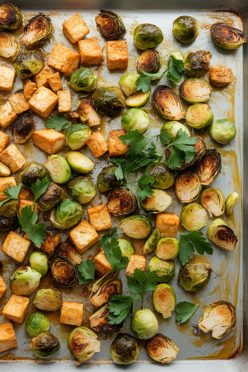 Indoor baking sheet filled with roasted brussels sprouts and golden tofu cubes garnished with fresh parsley. No text or logos present.