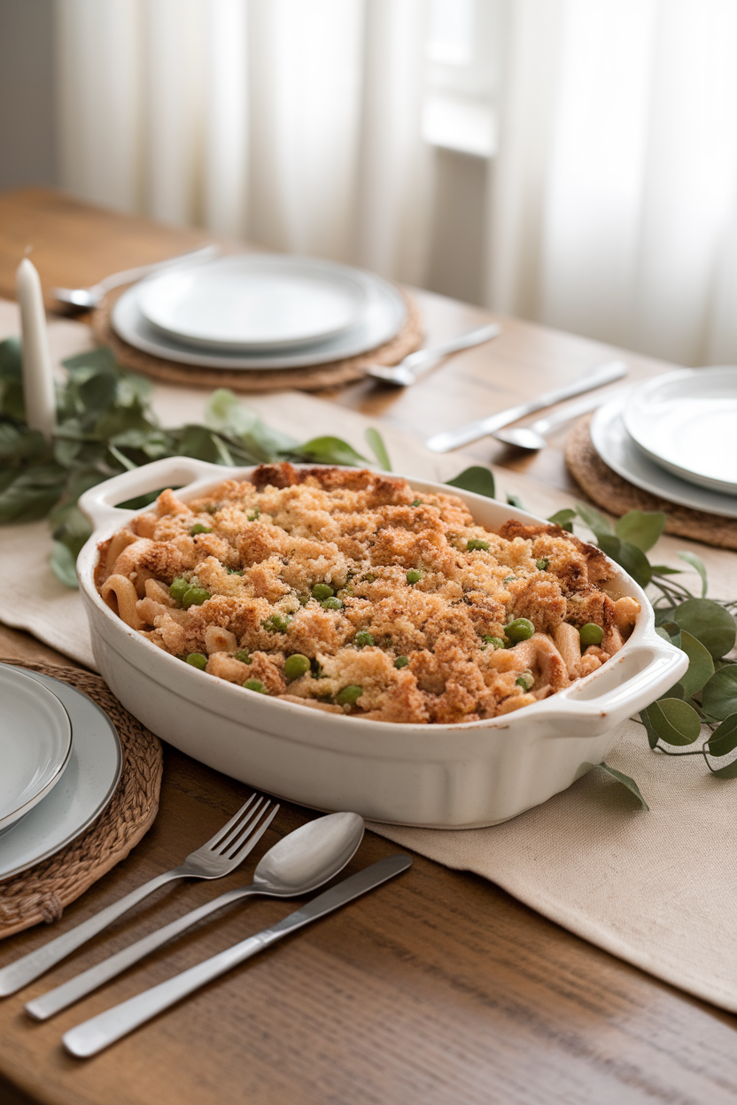 An indoor dining table featuring a gratin dish filled with whole-grain penne, flaky tuna, cannellini beans, peas, and a light breadcrumb topping, browned in spots. No visible branding or text.