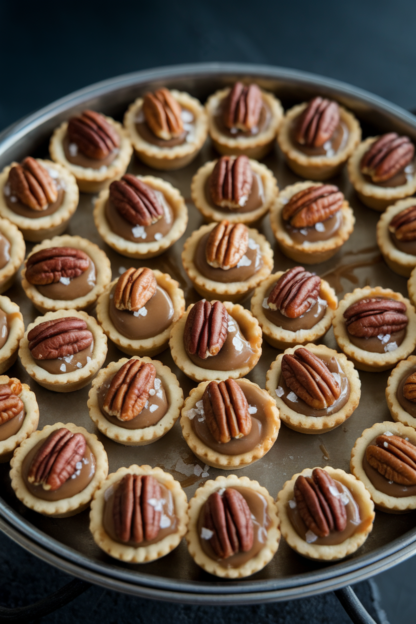 An indoor dessert tray with mini pecan tassie tarts drizzled in caramel and a pinch of sea salt, no text or logos.