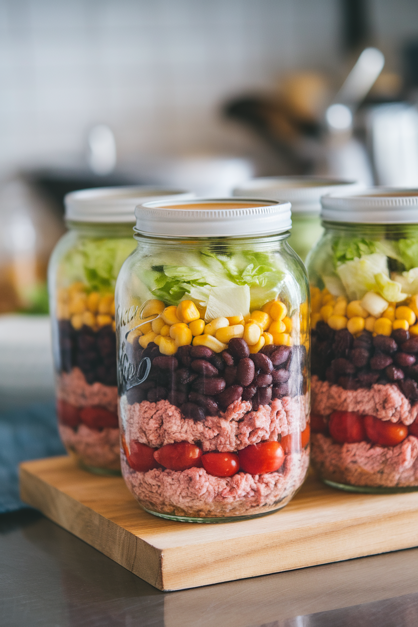 Indoor photo of layered glass jars featuring ground turkey, black beans, cherry tomatoes, corn, and chopped romaine, arranged on a countertop, no text or logos.