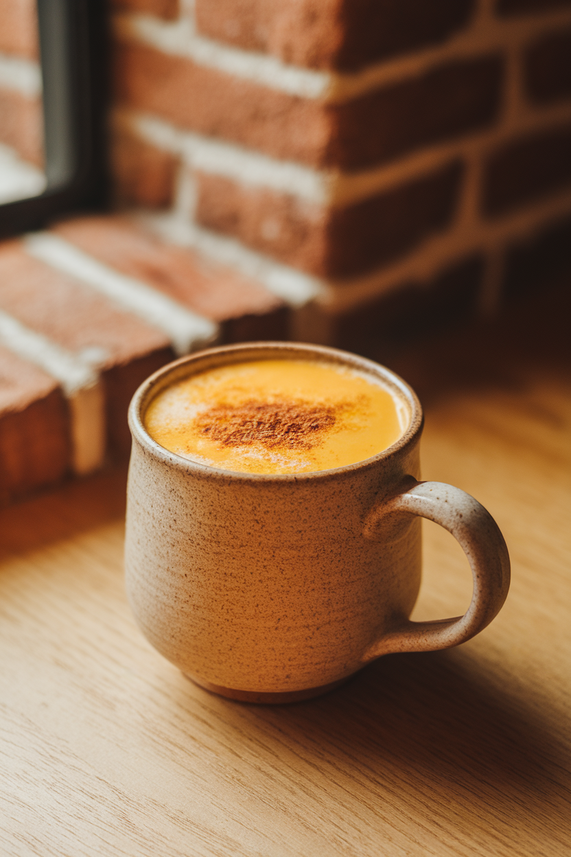 A ceramic mug indoors containing frothy turmeric golden milk, a sprinkle of cinnamon on foam. Photo, no text or logos.