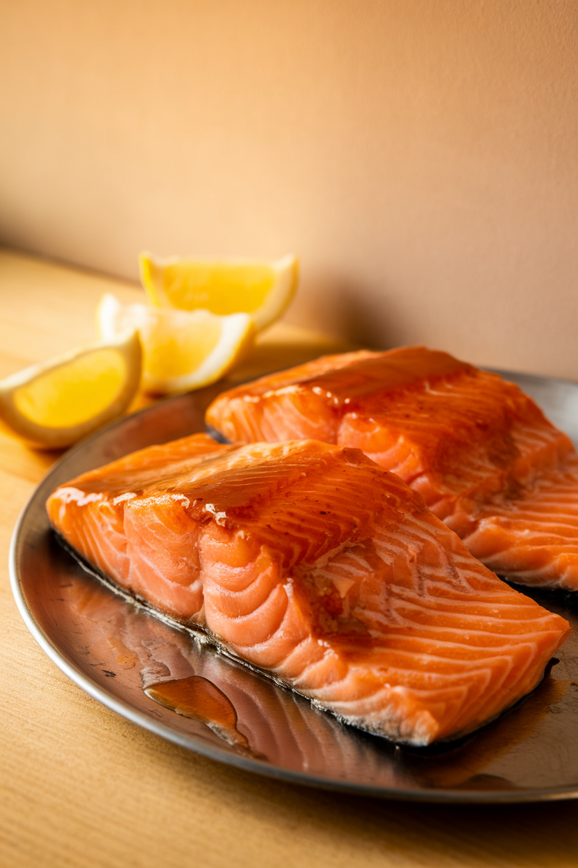 Indoor photo of cooked salmon fillets brushed with shiny bourbon glaze on a platter, lemon wedges nearby, no text or logos.