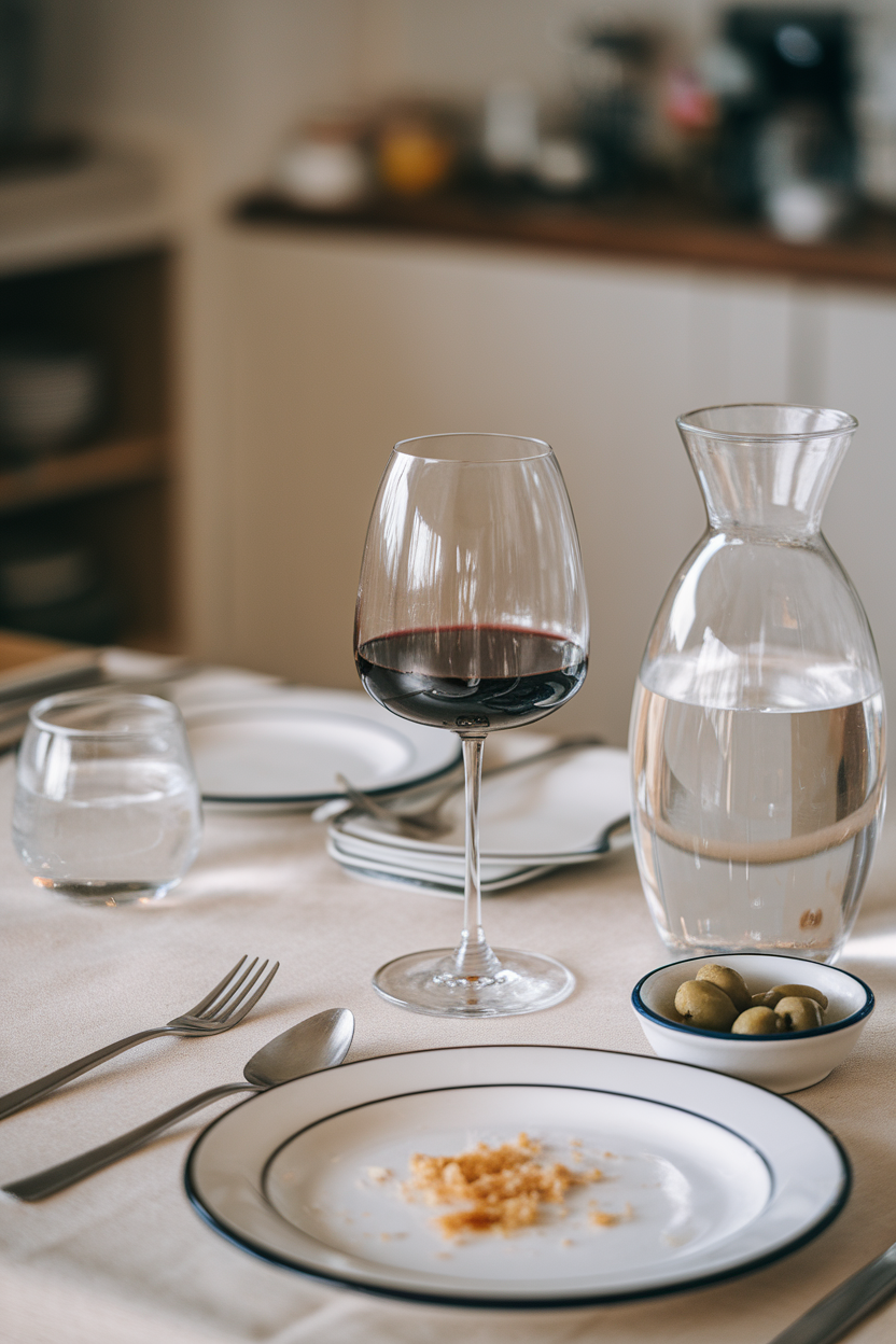 An indoor dinner table with a single stemmed glass of red wine beside a water carafe—photo, no brand names or logos.