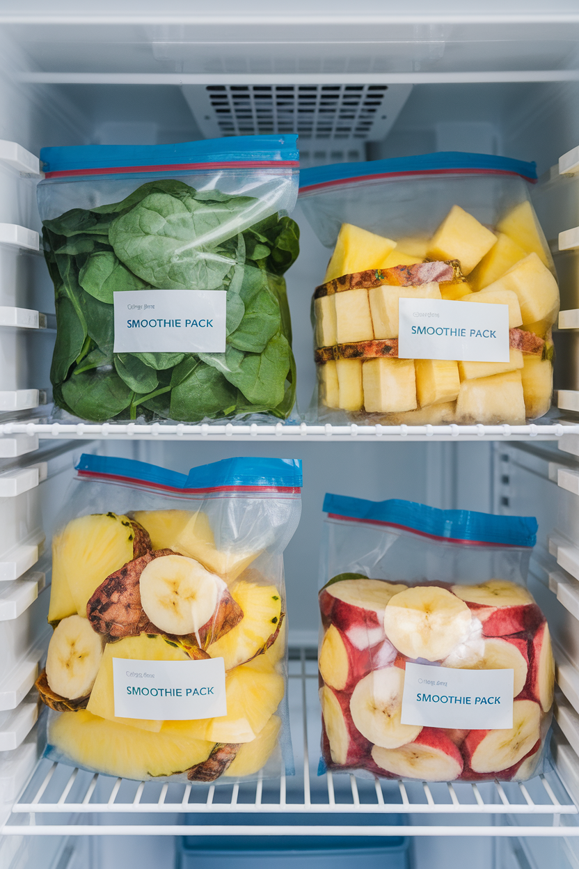 Indoor freezer shelf with resealable bags containing frozen spinach, pineapple, banana slices, and labeled “Smoothie Pack.” No text or logos present.