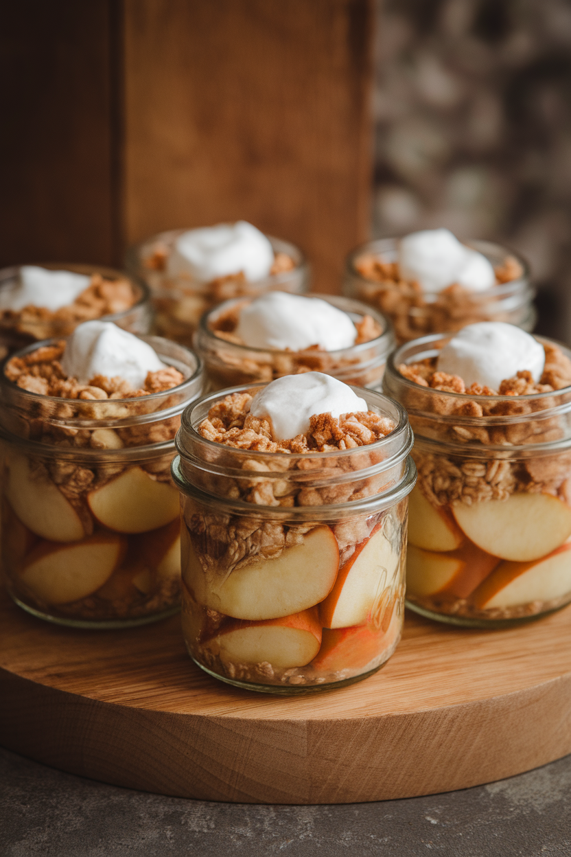 Indoor photo of small mason jars filled with baked apple filling and oat crumble topping, whipped cream dolloped on top. No text or logos.