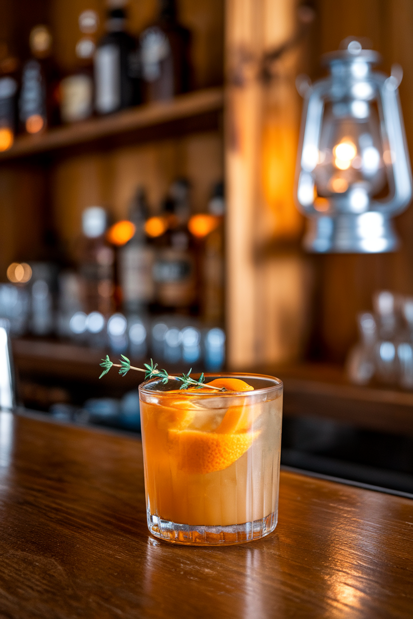 A rustic indoor bar with a rocks glass of bourbon cocktail muddled with orange peel and maple syrup, garnished with a sprig of thyme. No text or logos; photograph, not illustration.