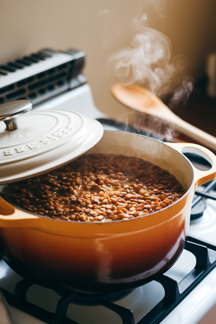 Indoor stovetop photo of an enameled Dutch oven simmering lentil stew, lid slightly ajar, no logos.