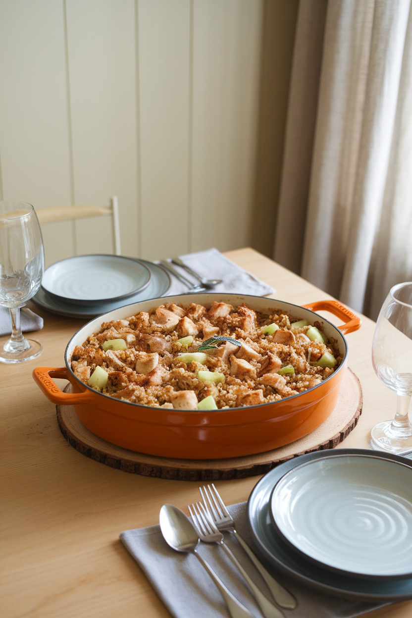 Cozy indoor dining table with a casserole of quinoa mixed with diced chicken, apple, celery, onion, and sage, baked until slightly crisp on top. No text or brand names.