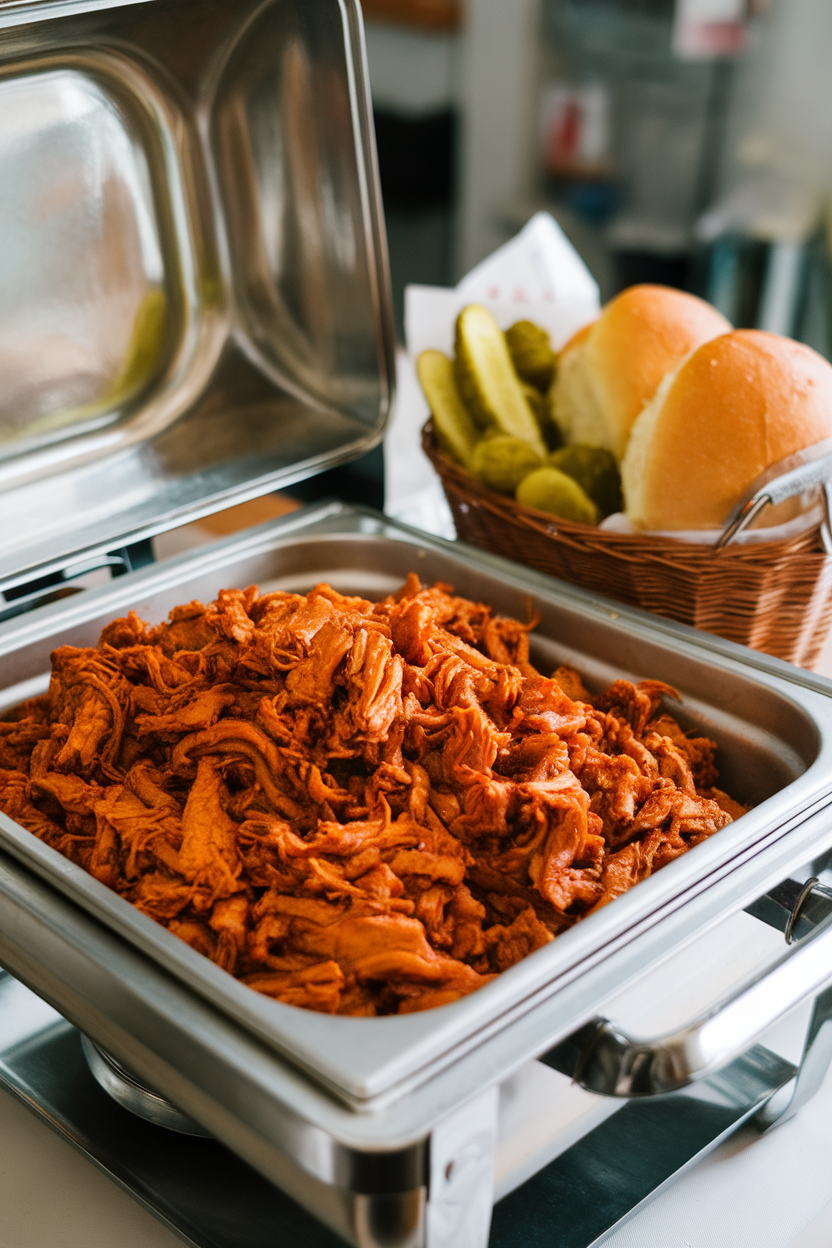 Indoor photo of a chafing dish filled with saucy pulled jackfruit next to a basket of burger buns, pickles nearby. No text or logos.