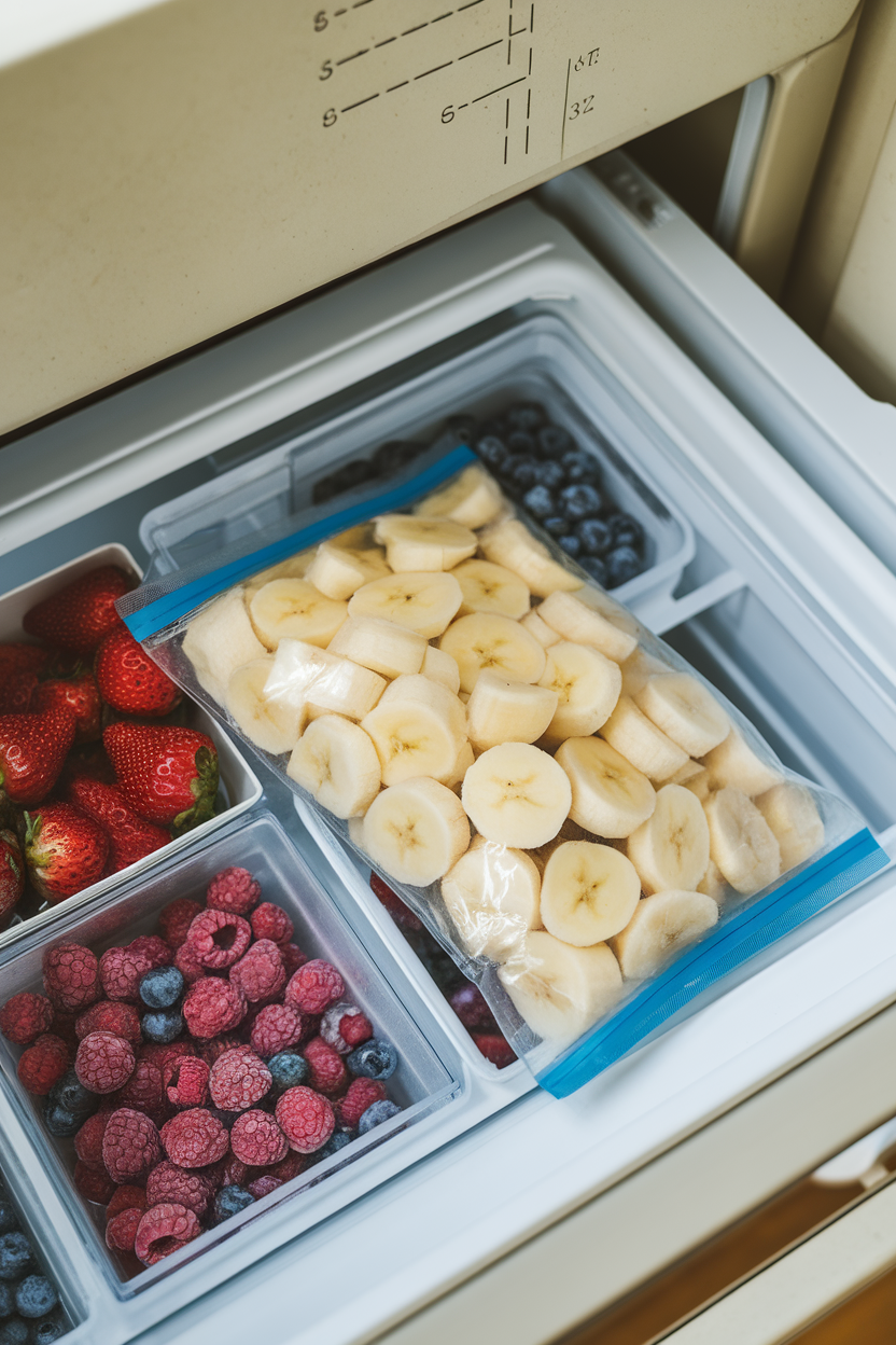 A freezer drawer with a zip bag of sliced frozen bananas beside frozen berries, indoor photo, no text or logos