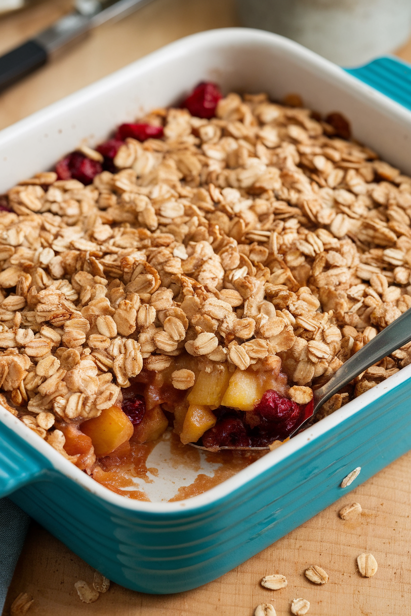 A ceramic baking dish indoors displaying bubbling apple cranberry filling under a golden oat topping, spoonful missing. No text or logos. Photo.