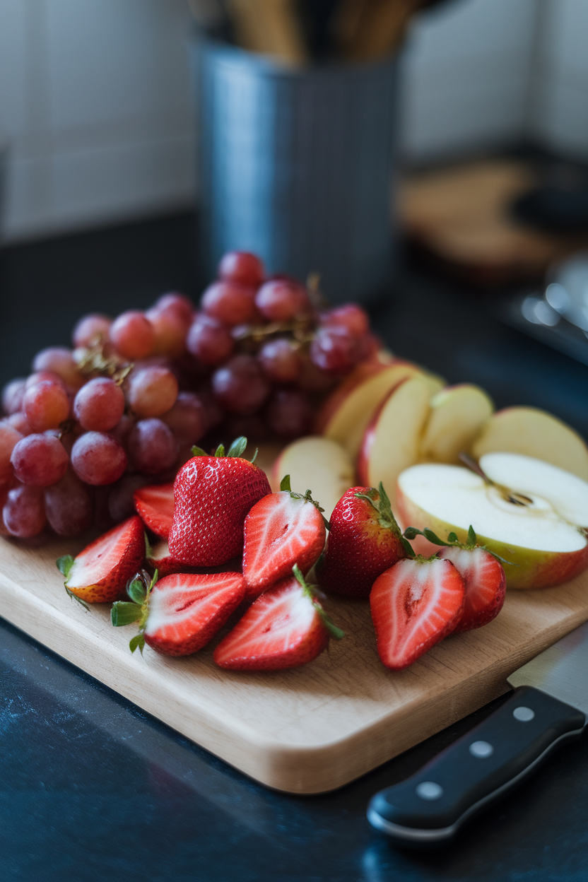 Photo of an indoor cutting board filled with strawberry halves, apple slices, and seedless grapes, soft kitchen lighting, no text or logos.