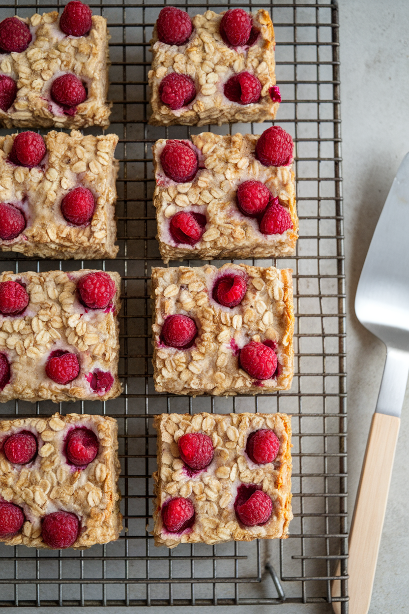 An indoor cooling rack holding square portions of baked oatmeal studded with raspberries, a spatula nearby. No text or logos; photo.
