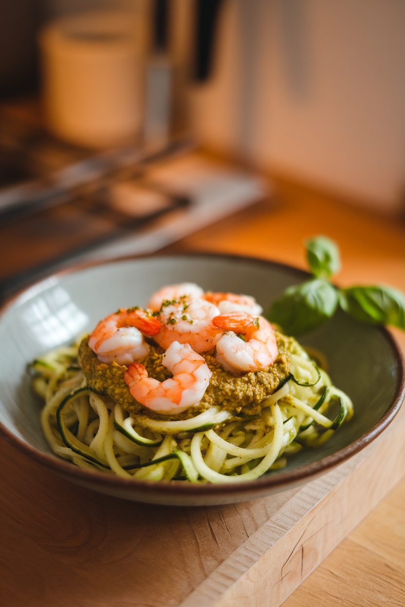 Indoor photo of cooked pesto-coated zucchini noodles topped with shrimp in a shallow bowl; no text or logos