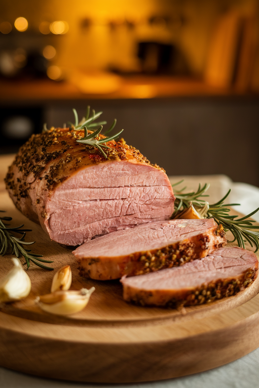 Sliced roasted pork tenderloin on a wooden board with sprigs of rosemary and roasted garlic cloves, warm indoor light, no text or logos.